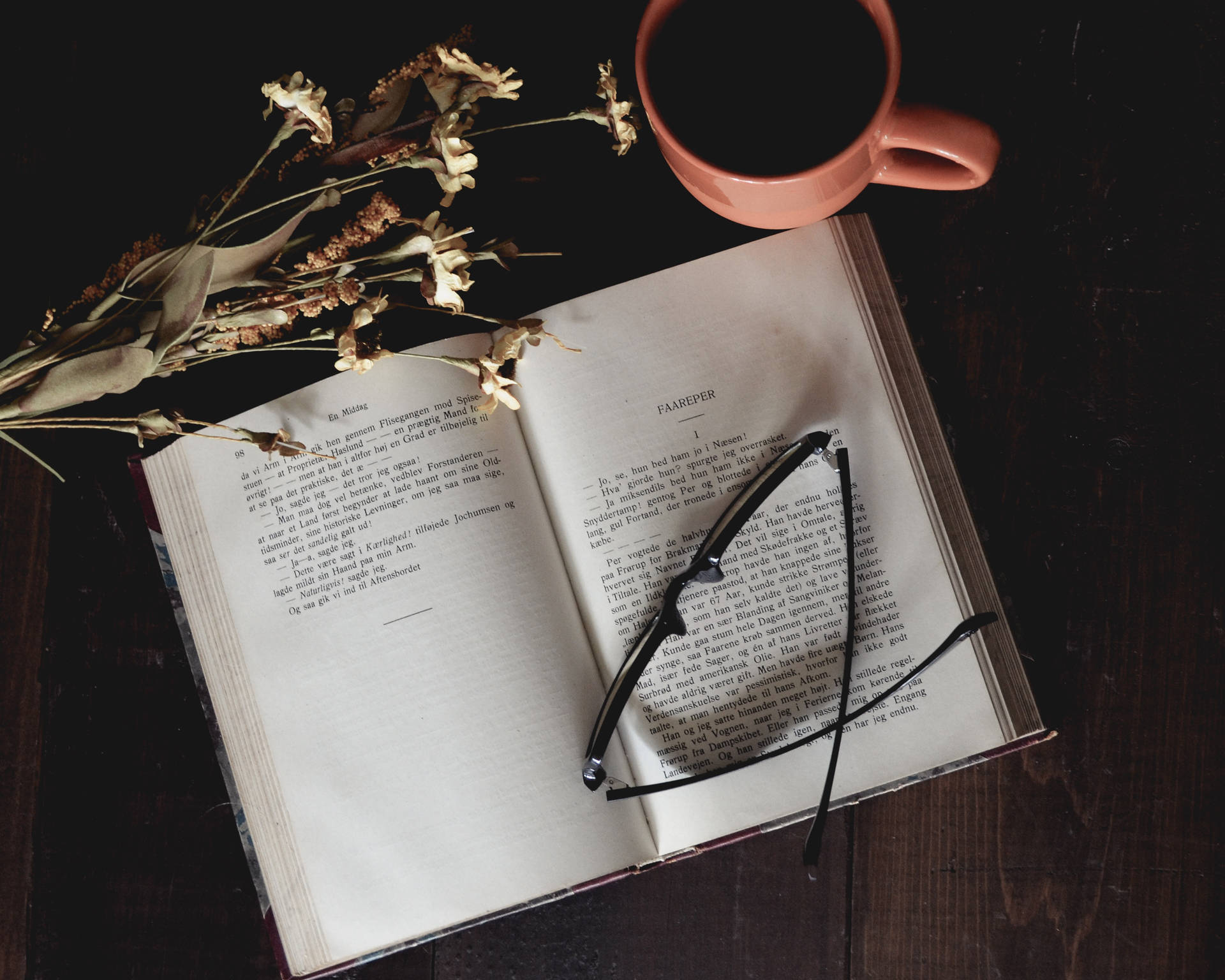 Book glasses coffee and flowers aesthetic wallpaper