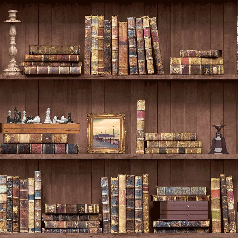 Old books on a wooden bookcase wallpaper