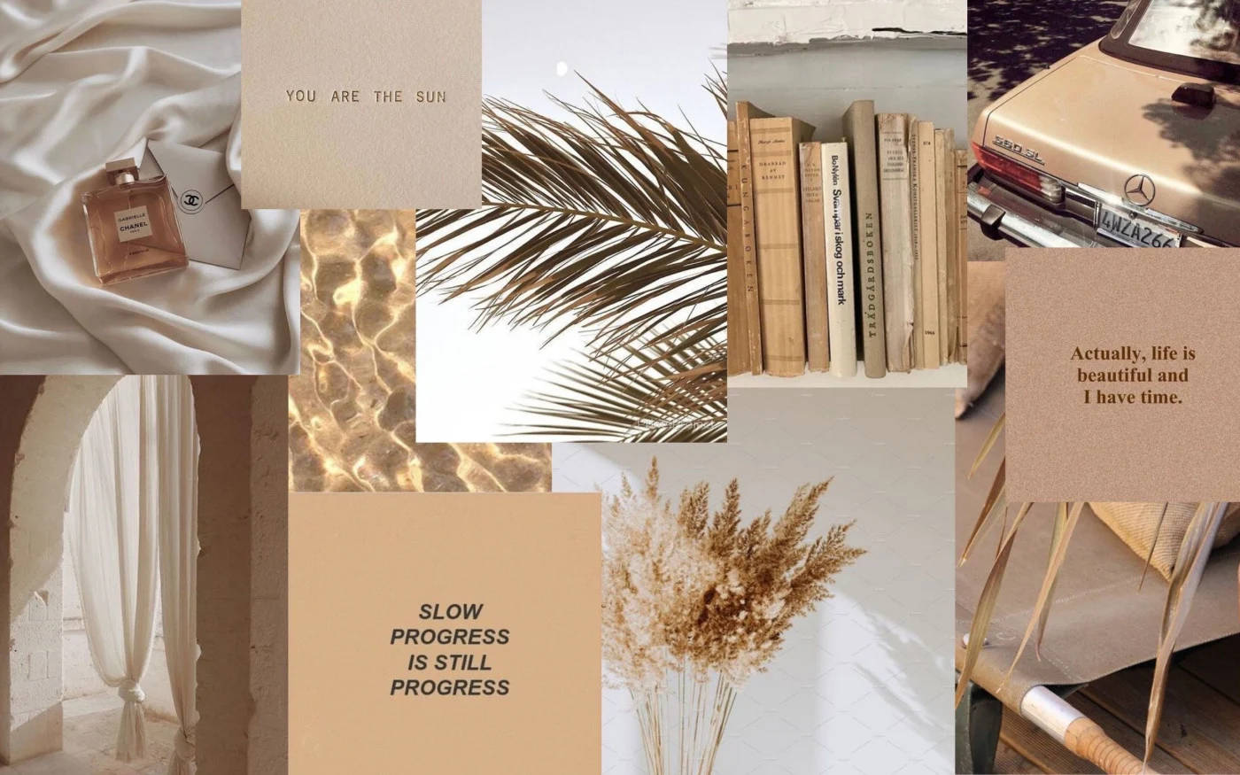 Books And Plants Beige Aesthetic Desktop Collage Wallpaper