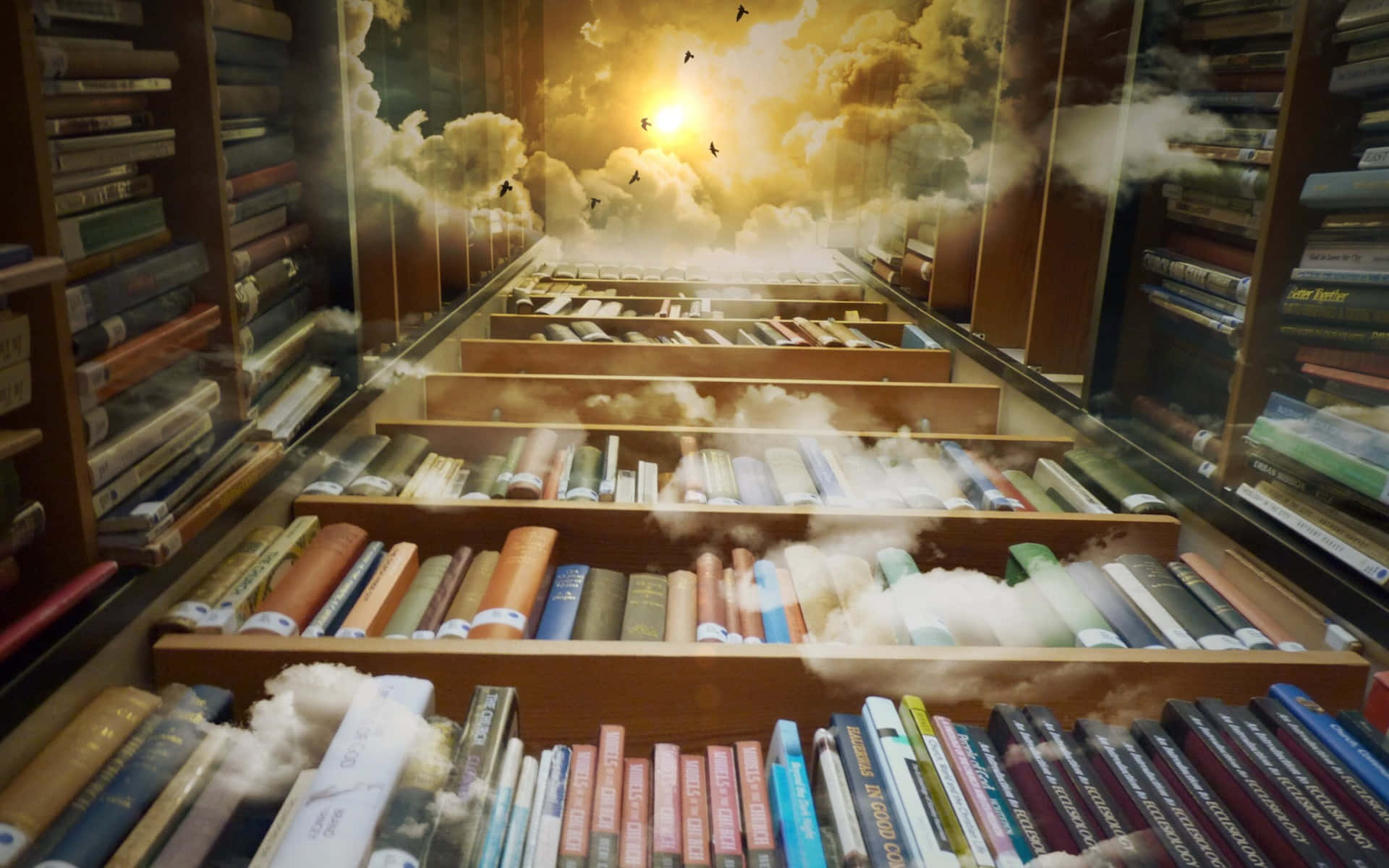 A Library With Books And Clouds In The Sky