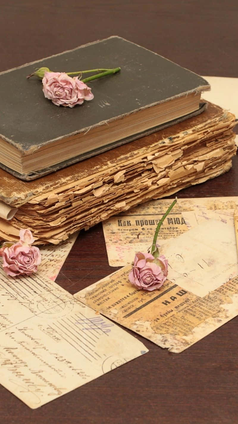Books Iphone Pink Rose Old Papers Wallpaper