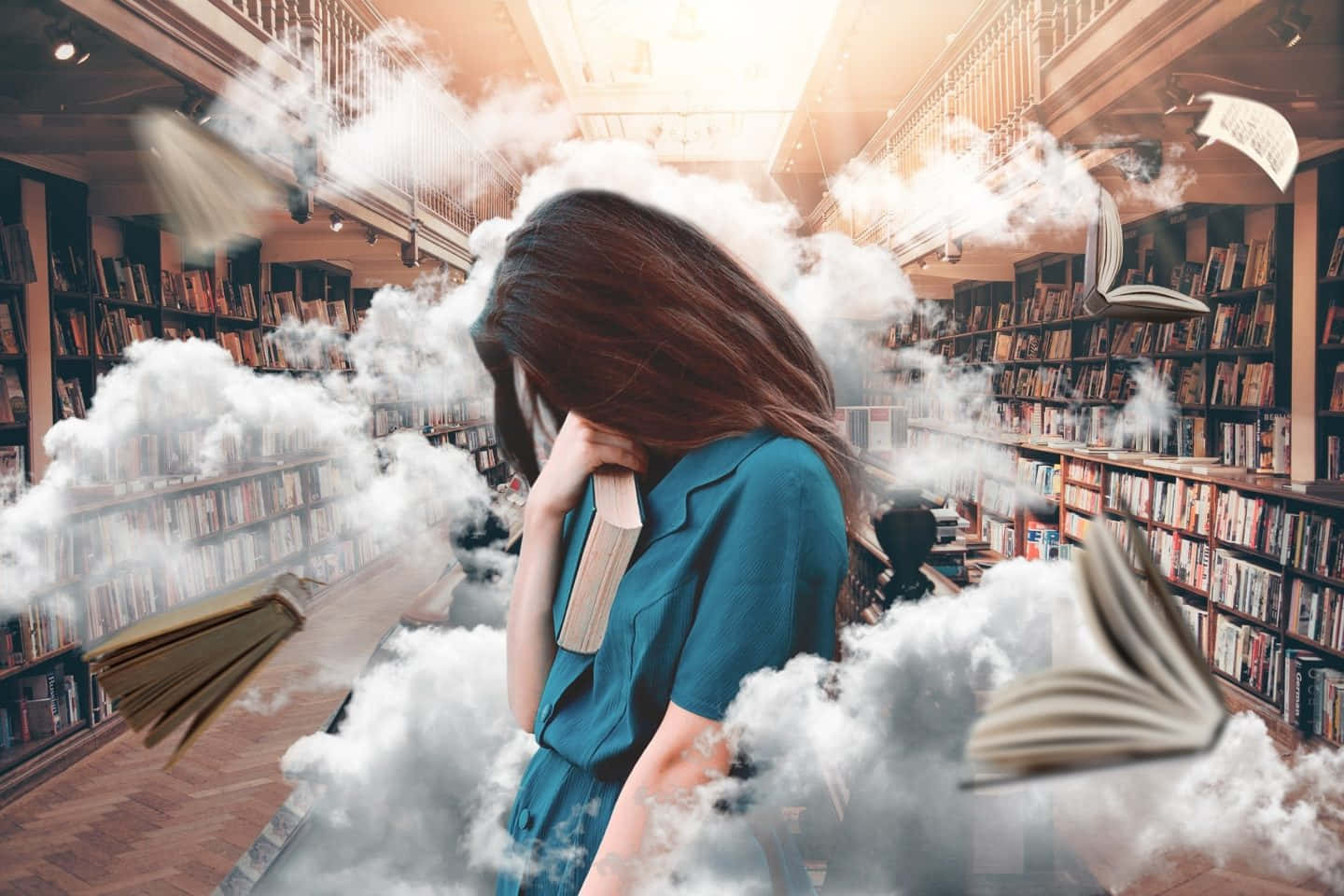 A Girl In A Library With Books Flying In The Air