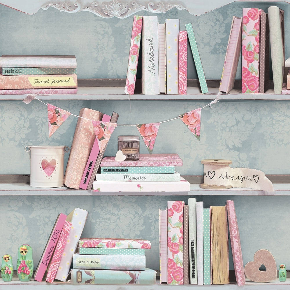 Bookshelf Floral Pink Books Wallpaper