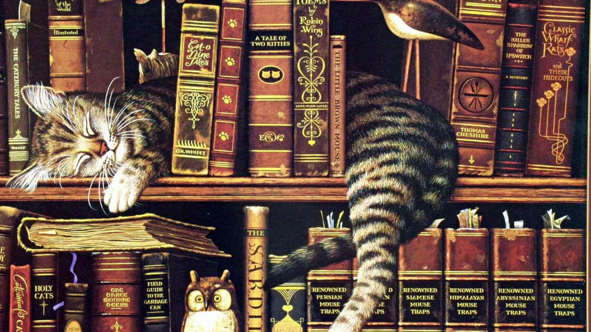 Bildeines Schlafenden Kätzchens Auf Einem Bücherregal