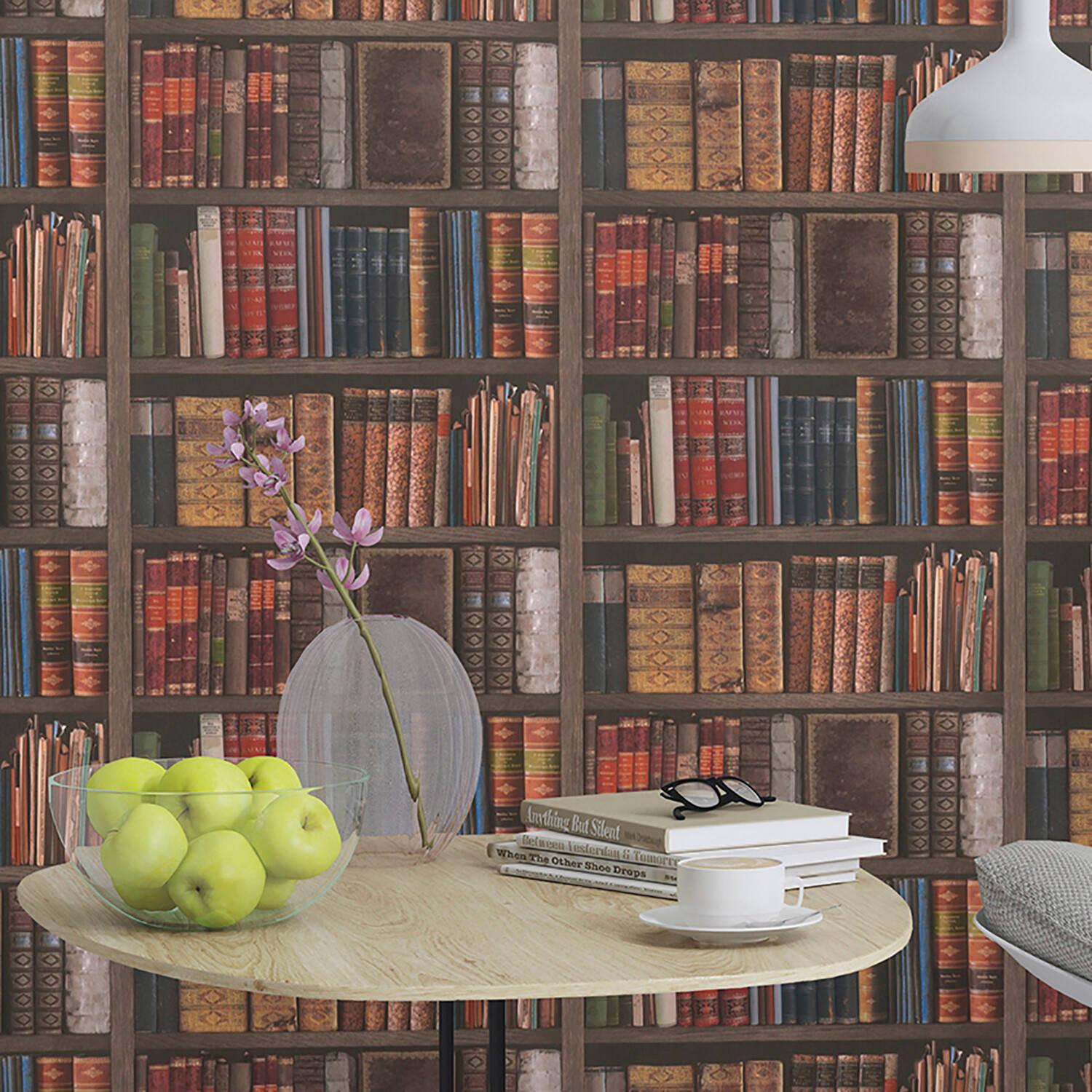 Bookshelf Table With Bowl Of Apples Wallpaper