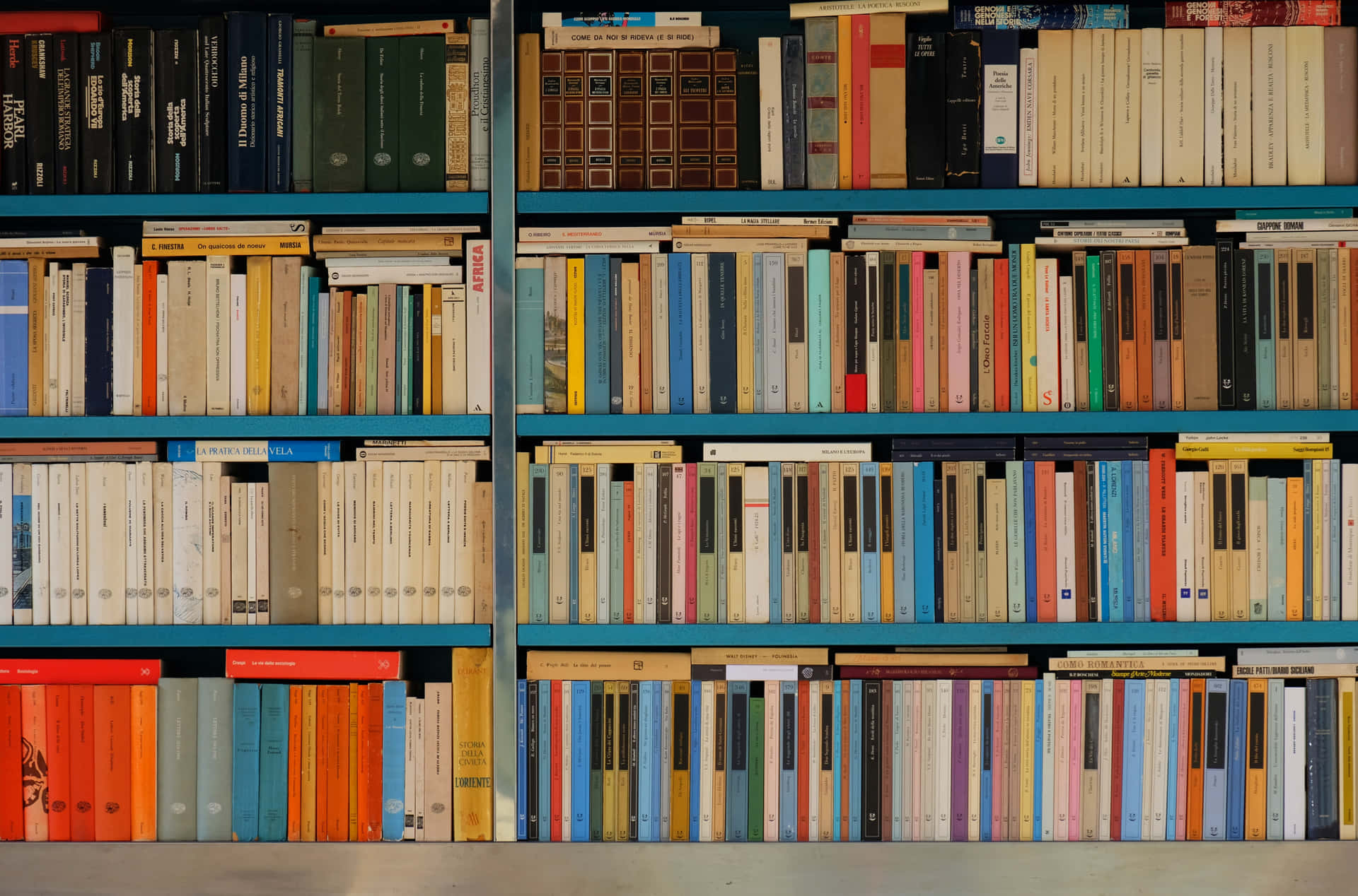A Blue Shelf With Many Books On It