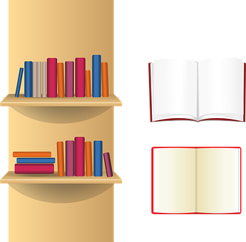 Bookshelfand Open Books Illustration PNG