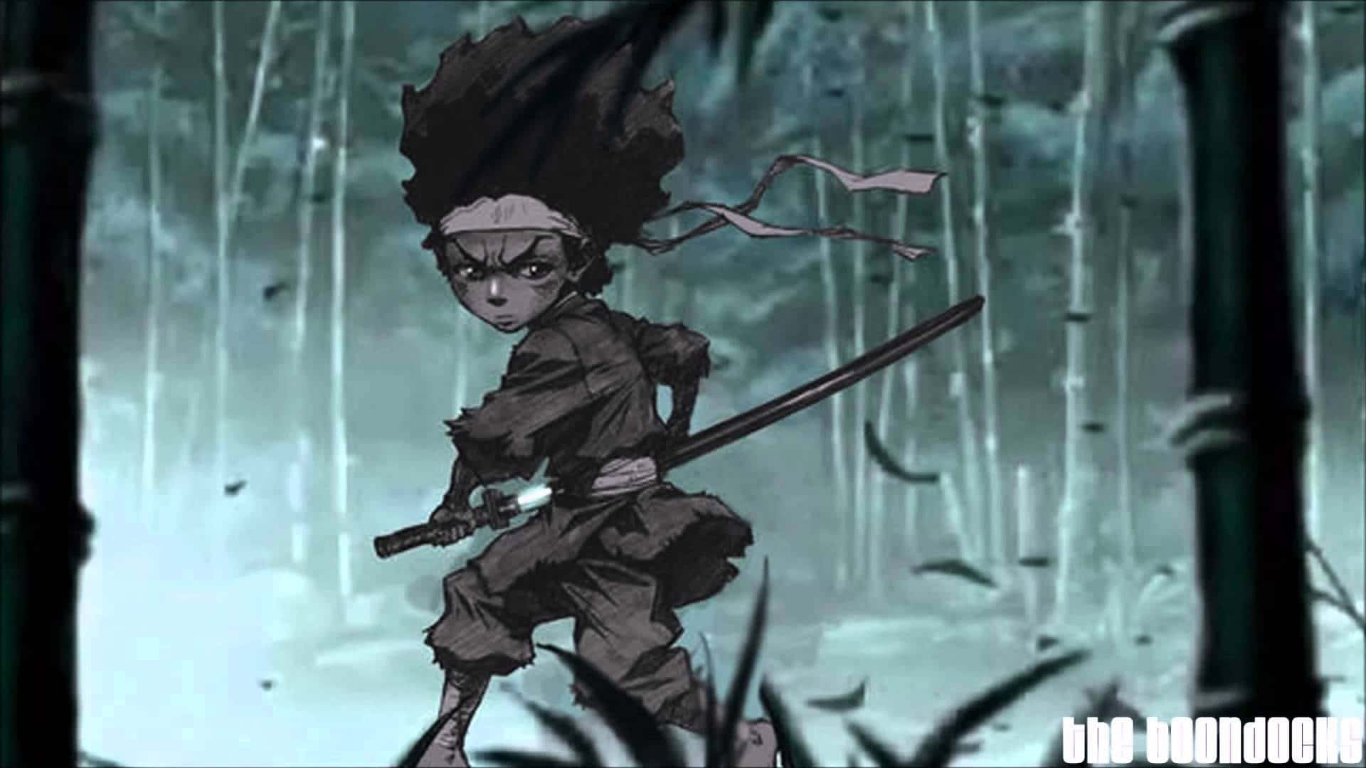A Cartoon Character With A Sword In The Forest