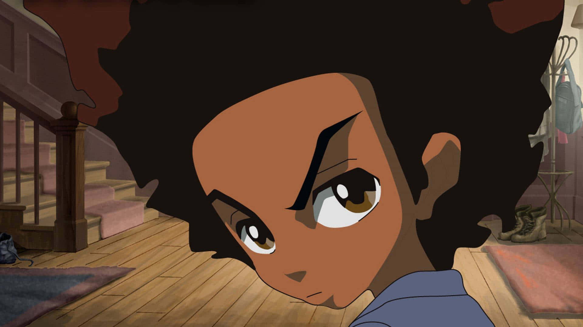 A Cartoon Character With Afro Hair Standing In A Room