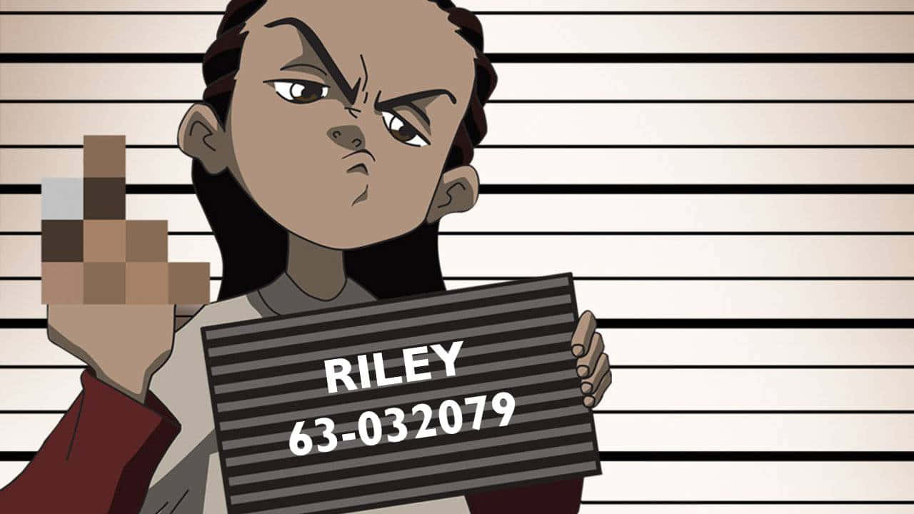 Rileyun Personaggio Dei Cartoni Animati Che Tiene Una Foto Segnaletica Sfondo