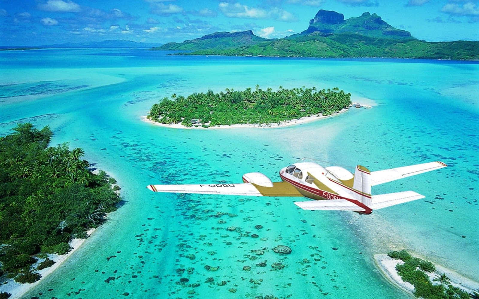A Small Plane Flying Over A Tropical Island