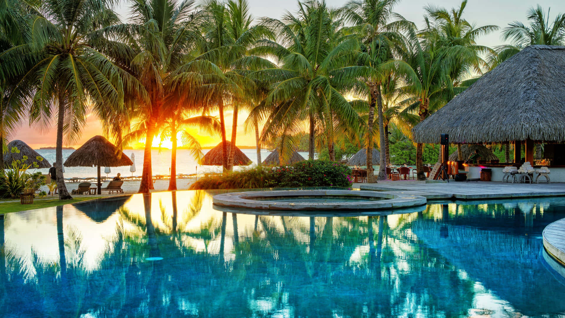 En pool med palmer og et solnedgang spejlet i vandet.