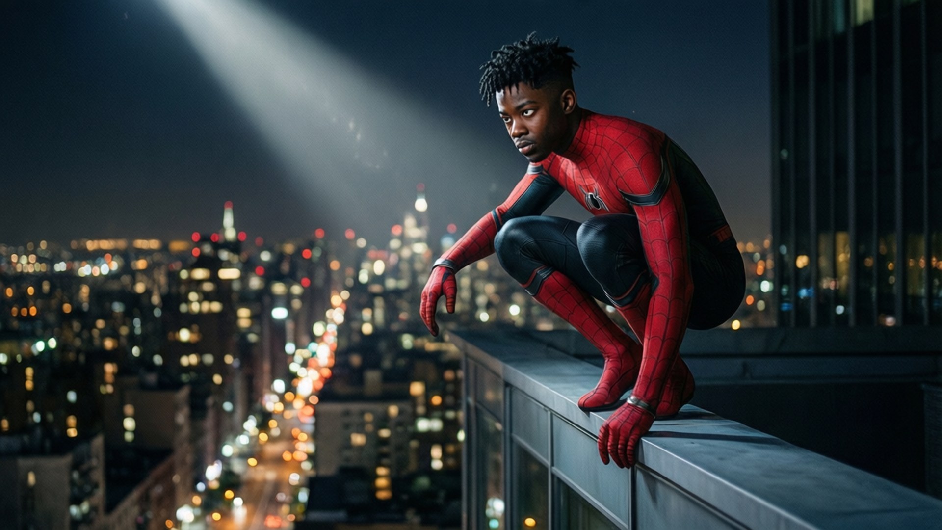 Edge of the Night Wallpaper — Spiderman crouches on a rooftop at night overlooking a glowing cityscape under a spotlight.