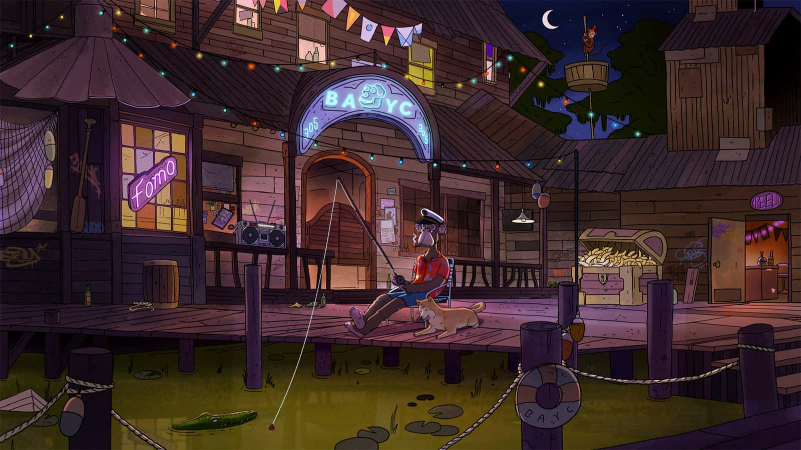 Et tegnefilm af en nat scene med et skib og en kaj. Wallpaper