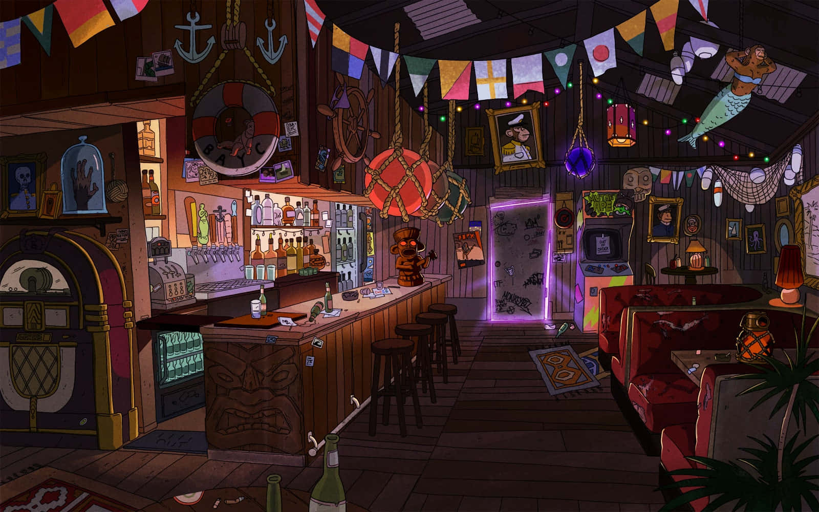 A Room With A Bar And A Lot Of Decorations Wallpaper