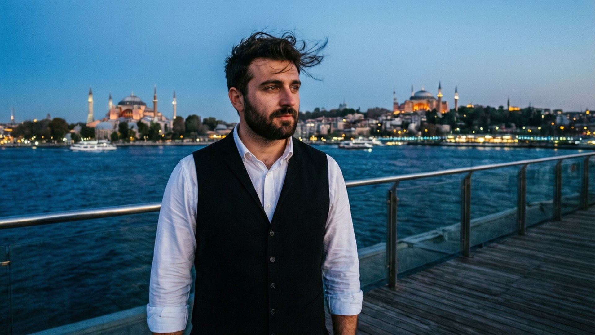 En tyrkisk mand ser på Istanbuls skyline fra Bosporus i den blå time.