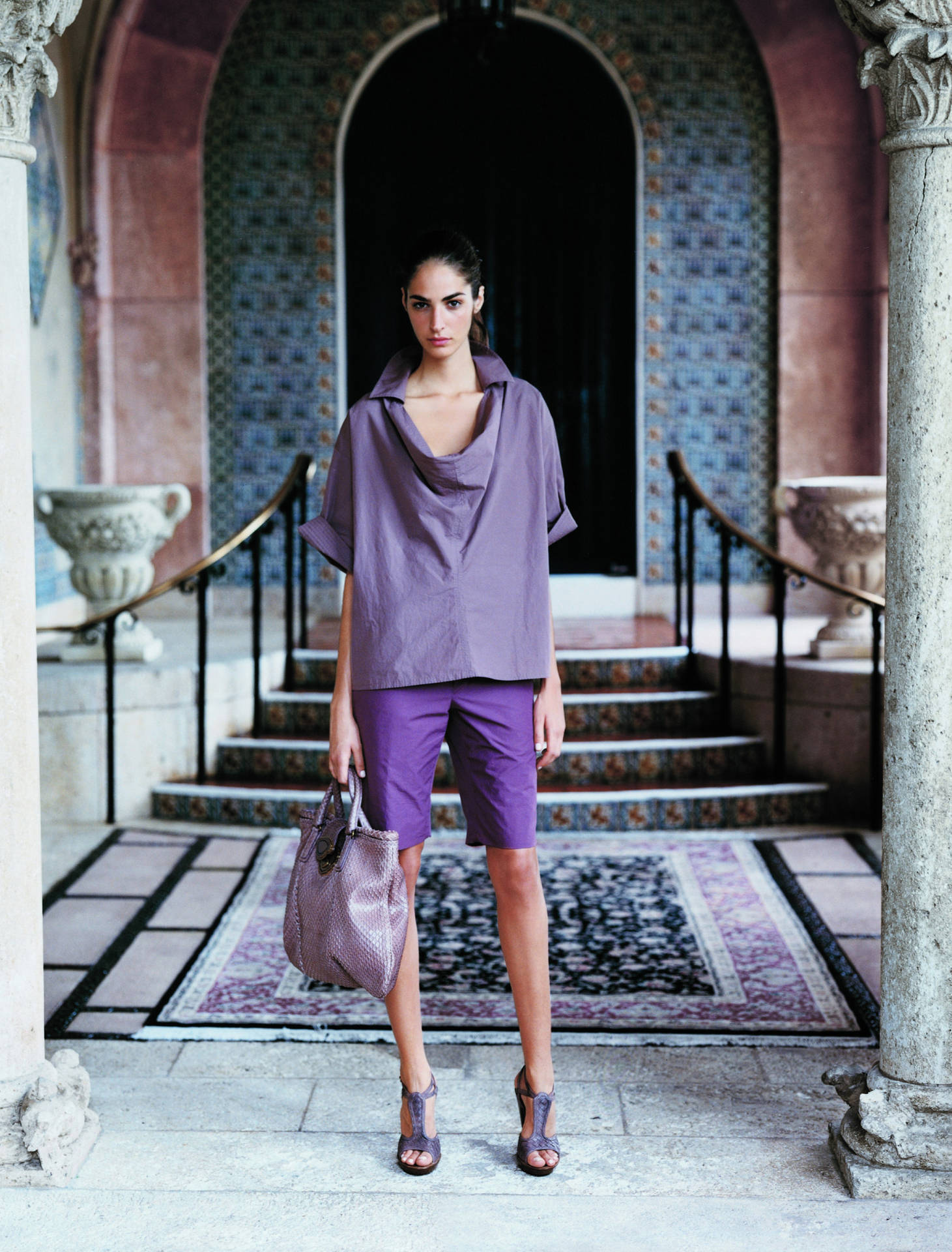 Bottega Veneta Model In All-purple Outfit Background