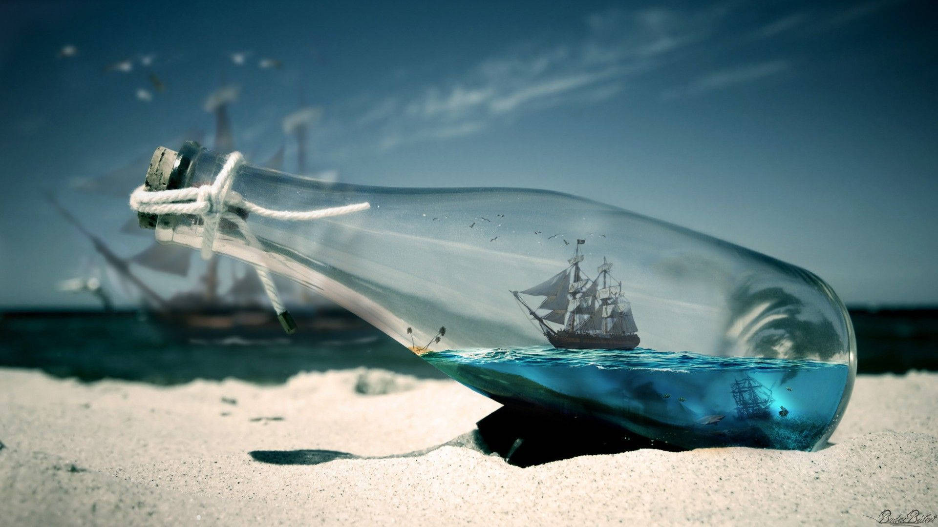 Bottled Ship On Beach