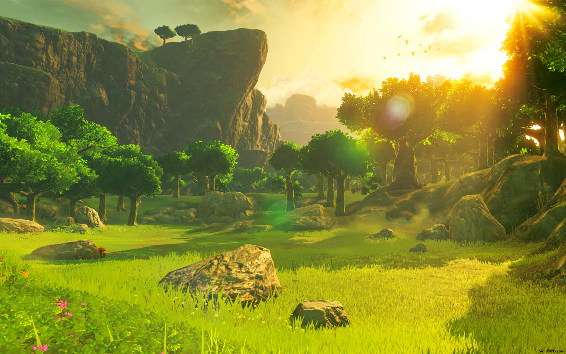 Scenic view of Hyrule landscape in the background from The Legend of Zelda: Breath of the Wild