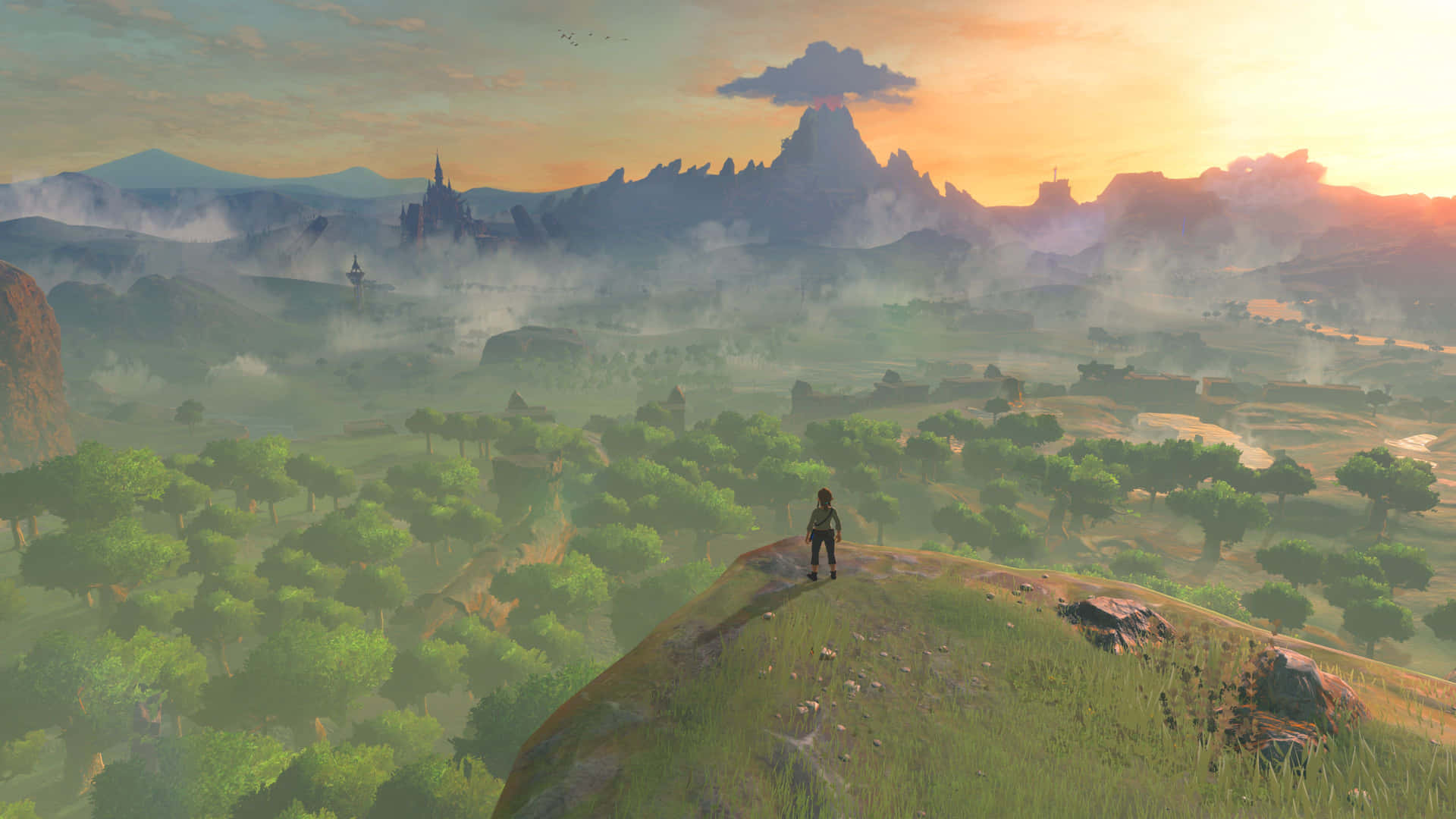 Serene sunset over Hyrule in The Legend of Zelda: Breath of the Wild