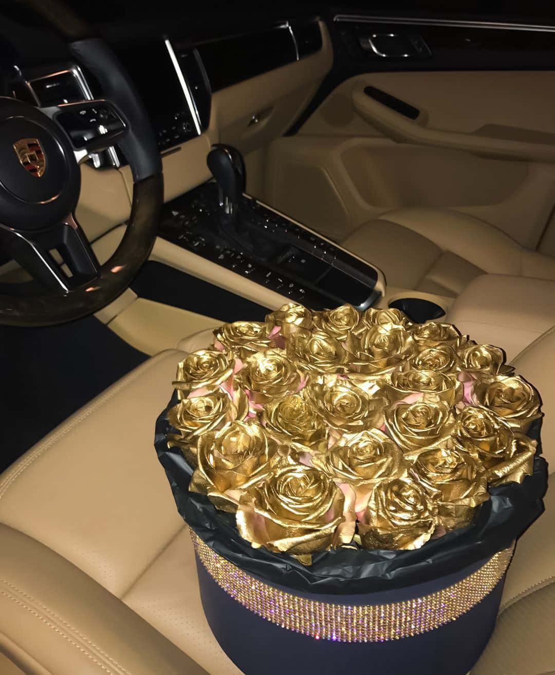 A Gold Rose Bouquet In A Car Wallpaper