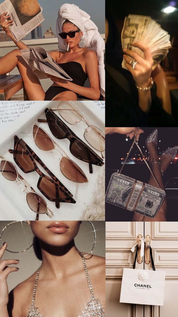 A Collage Of Pictures Of A Woman With Money And Sunglasses Wallpaper