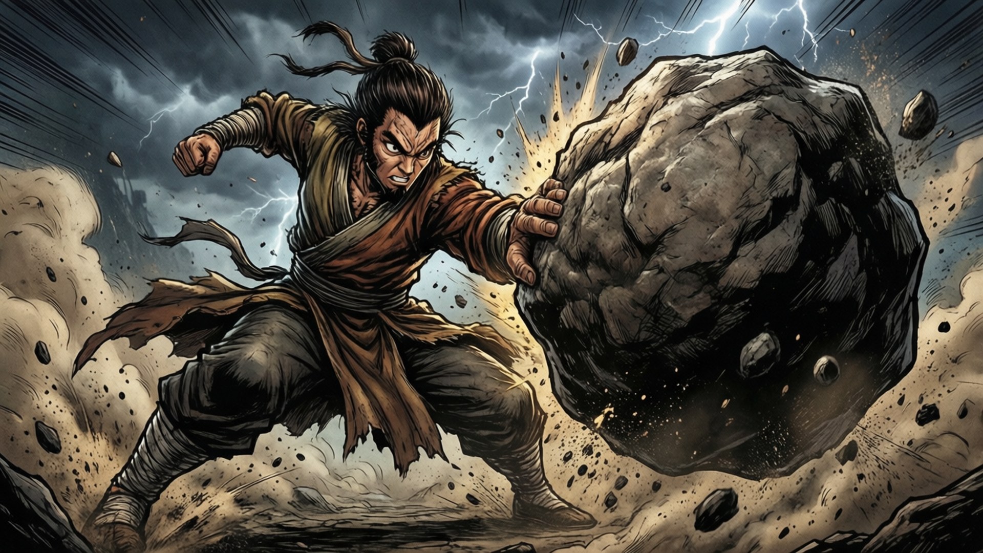 Toph släpper loss en kraftfull jordböjningsattack i en storm.