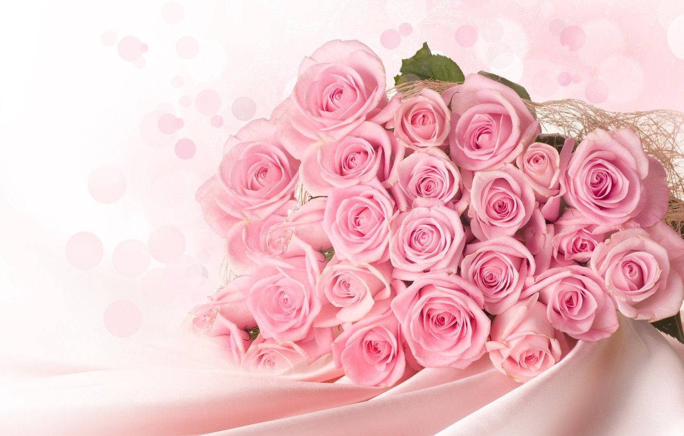 Bouquet Of Roses On Pink Satin Wallpaper