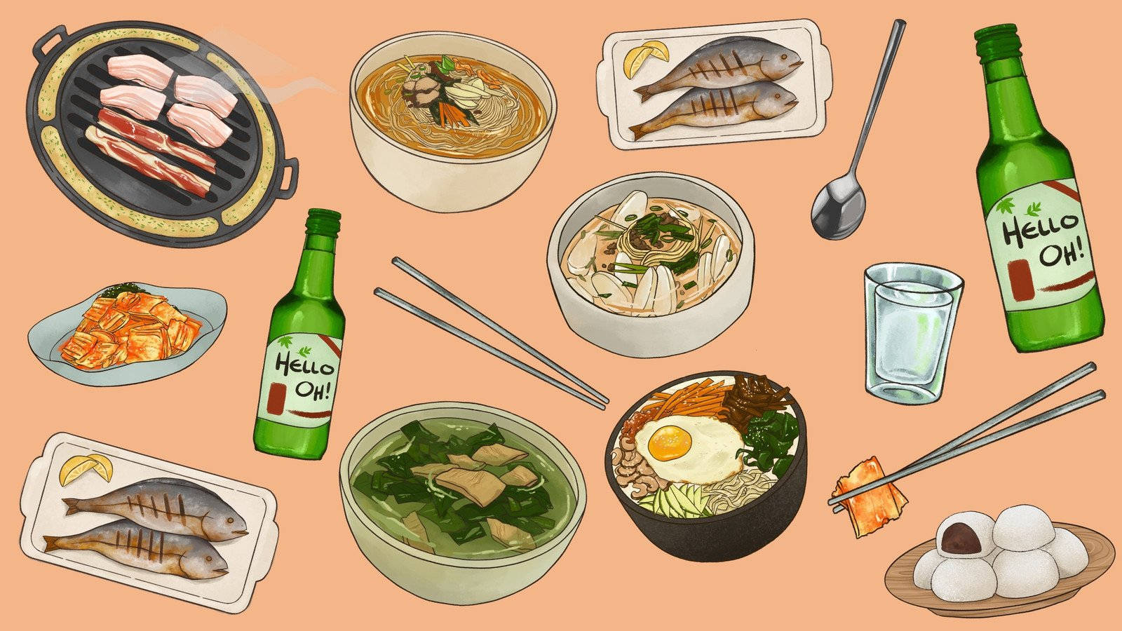 An Aesthetic Display of Bowls with Chopsticks and Soju Wallpaper