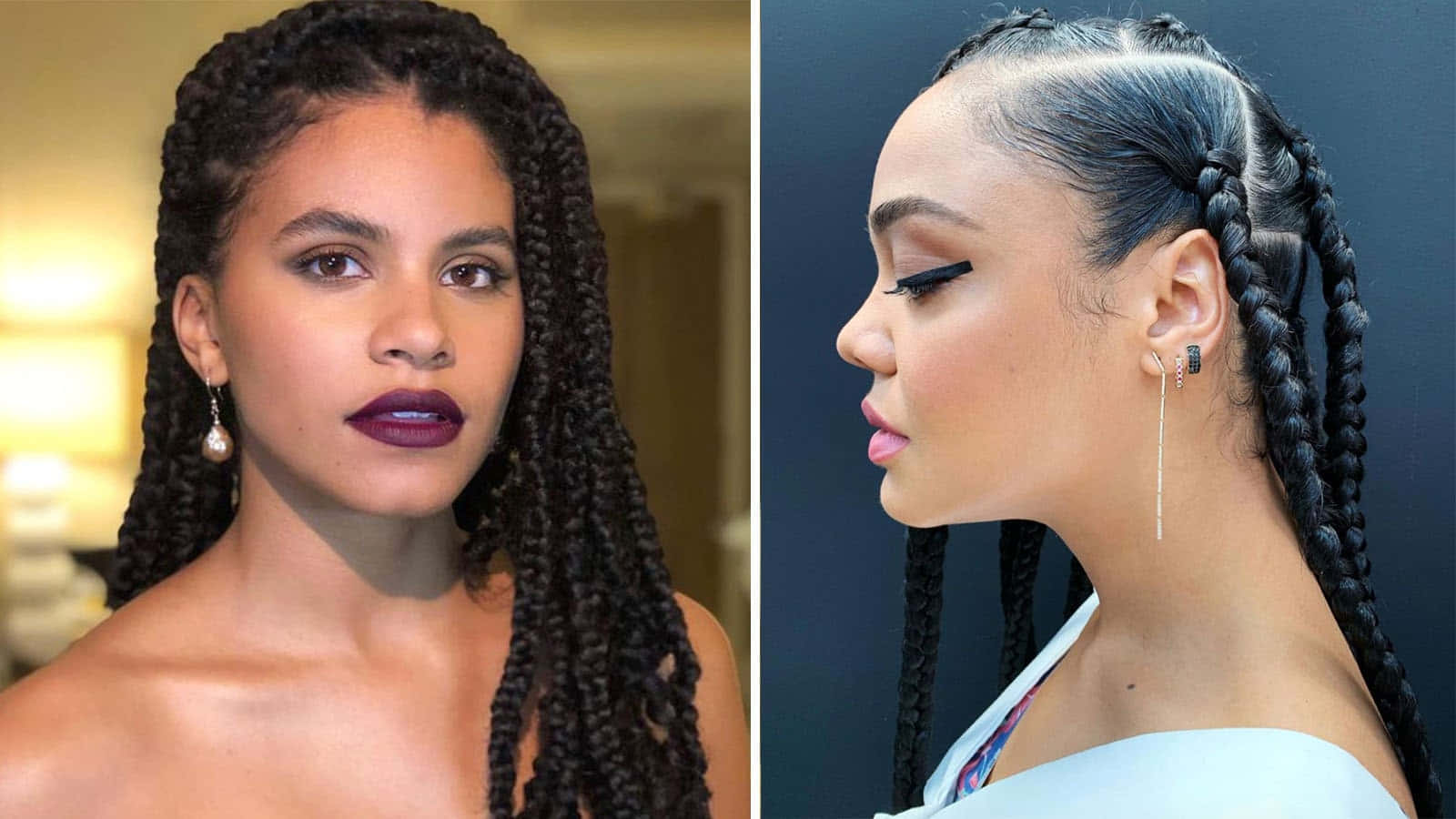 Two Pictures Of Women With Braids And Lipstick