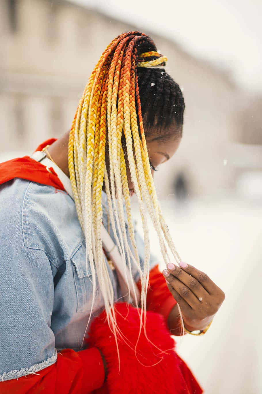 A Woman With Colorful Braids In The Snow