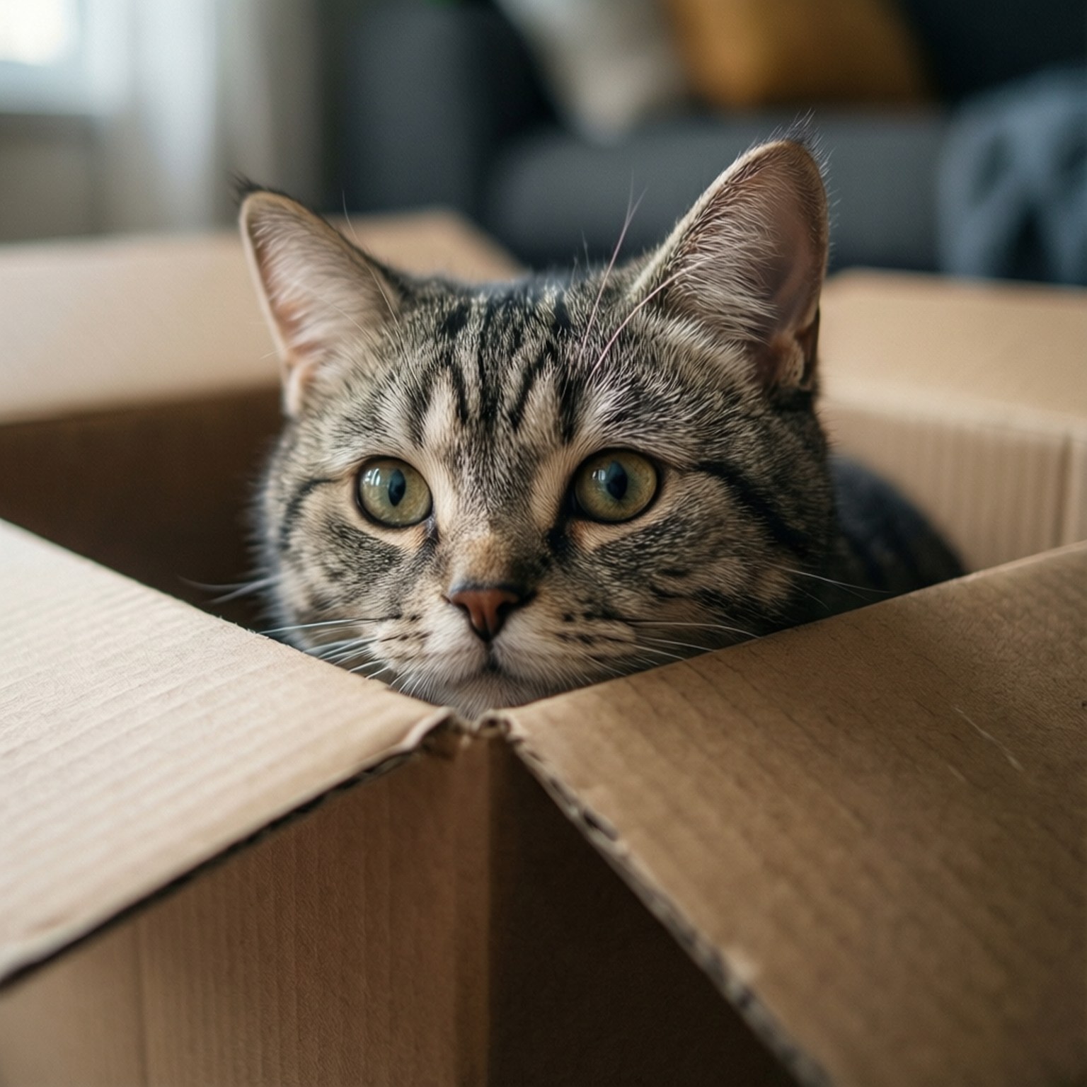 A curious American Shorthair peeking from a cardboard box, cute and playful.