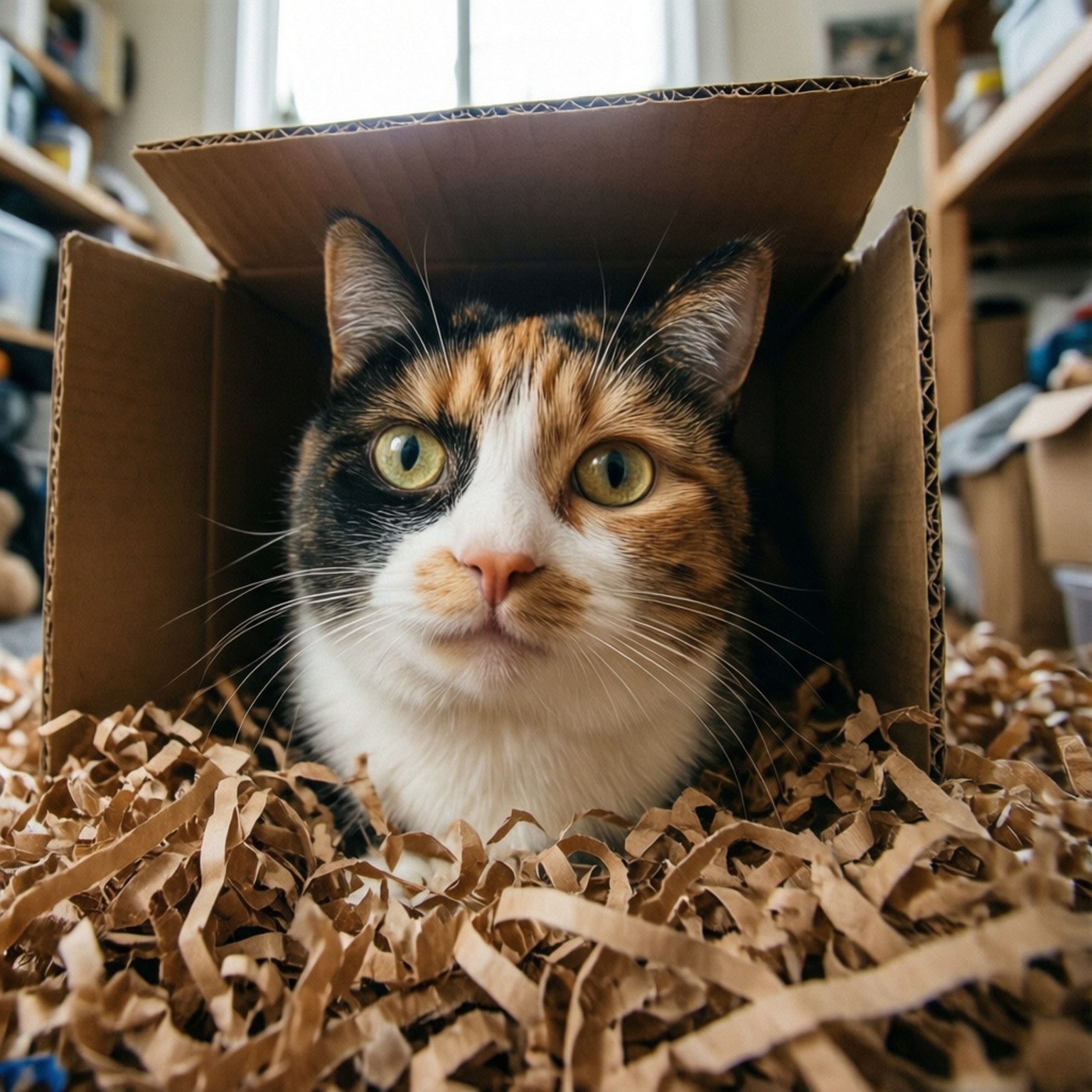 En calico-katt som tittar ut ur en kartong.