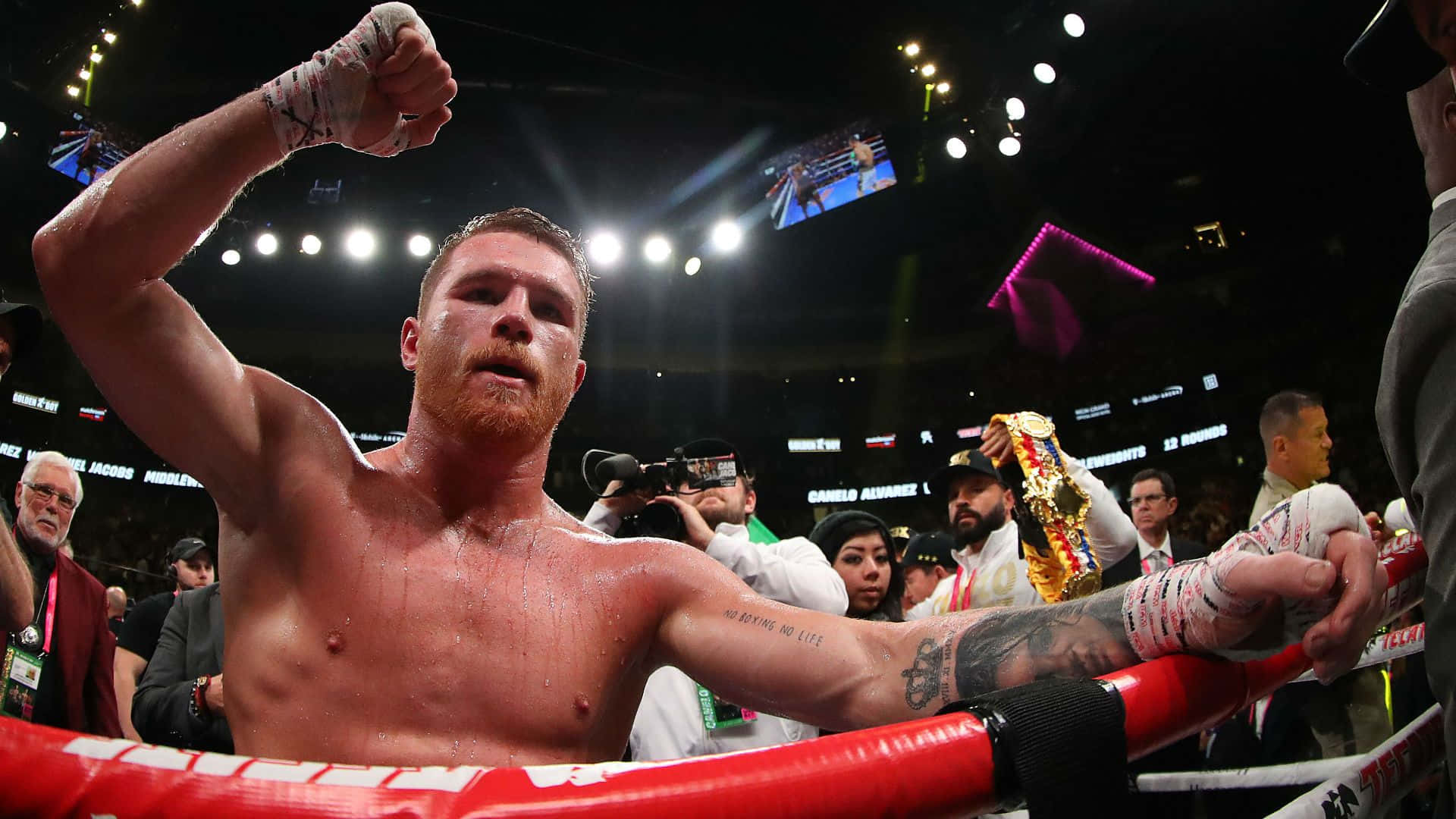 Boxing Champion Saul 'canelo' Alvarez Raising A Fist In Triumph Wallpaper