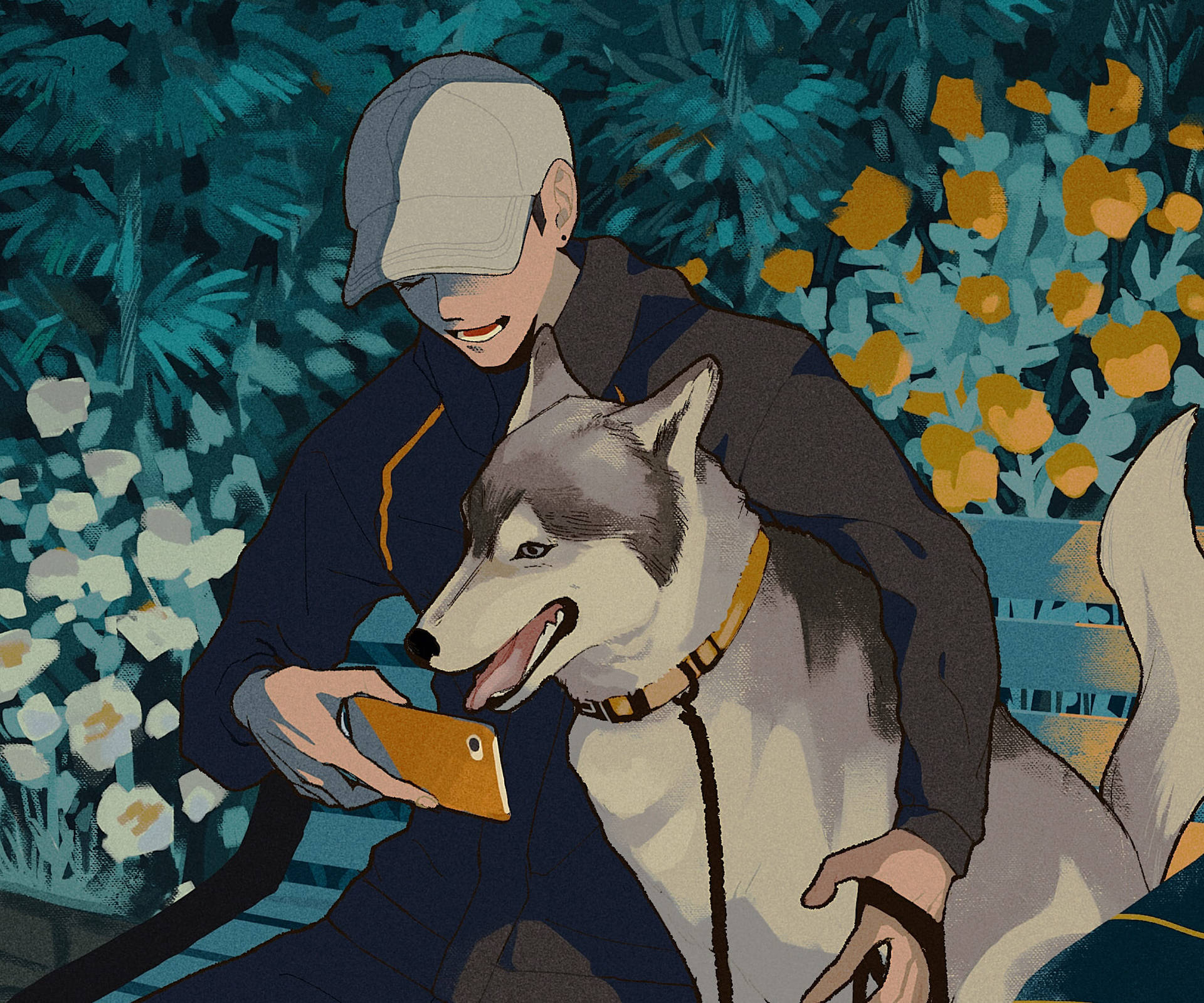 Boy And Anime Dog Digital Art Background