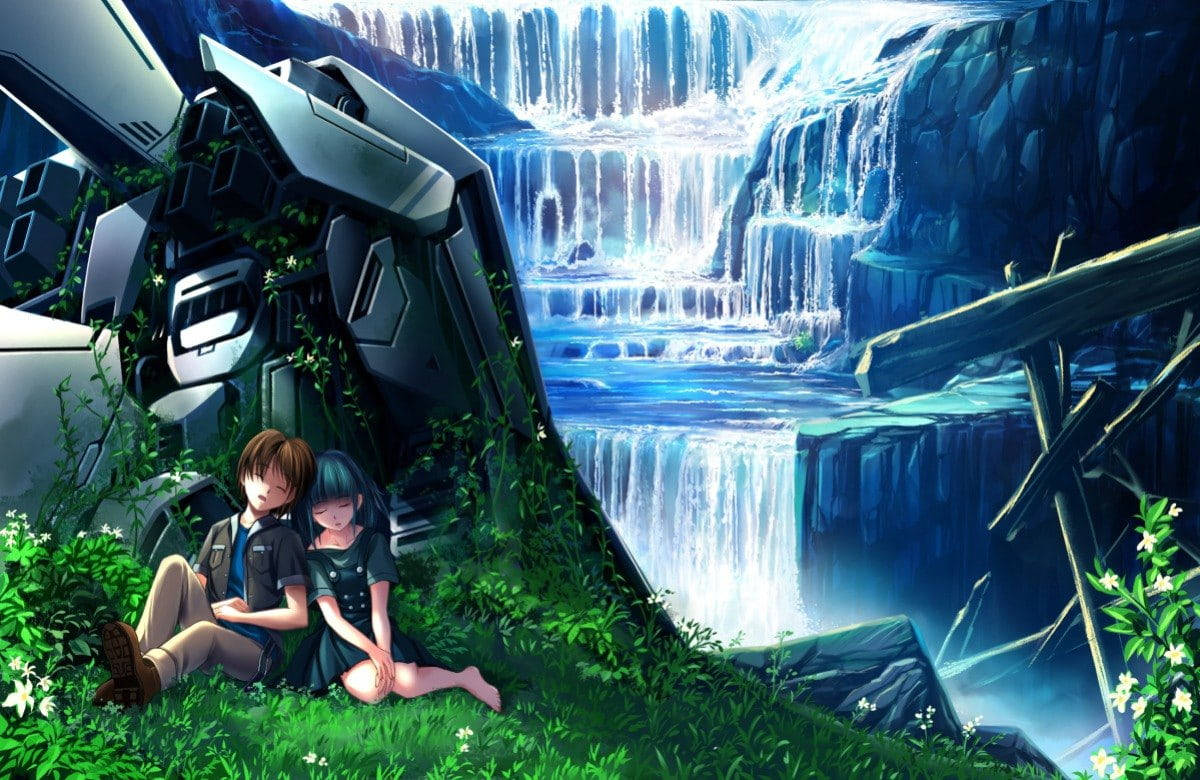 Dreng og pige ved vandfald romantisk anime par tapet. Wallpaper