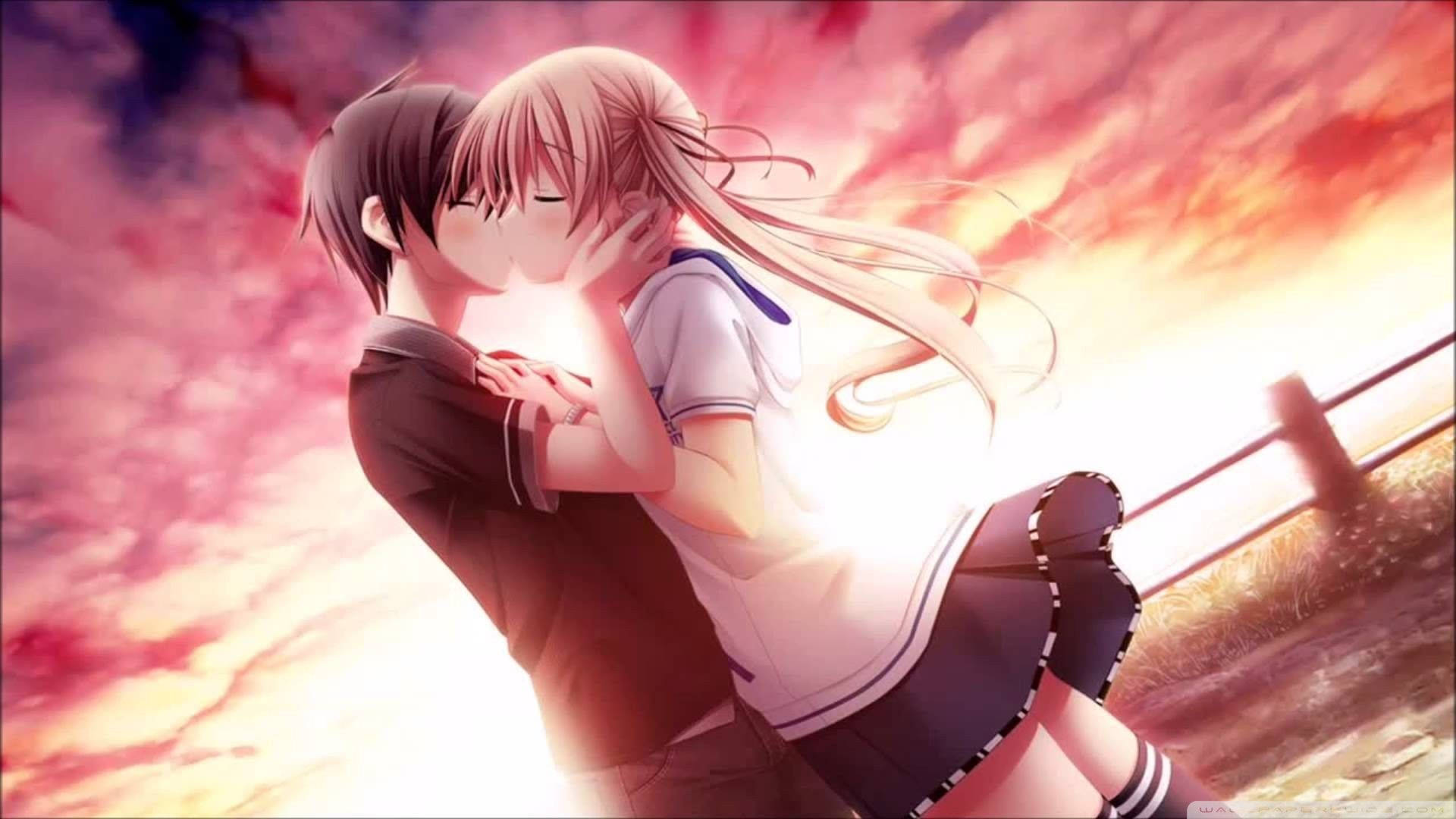 Dreng og skolepige kysse kærlighed anime tapet Wallpaper