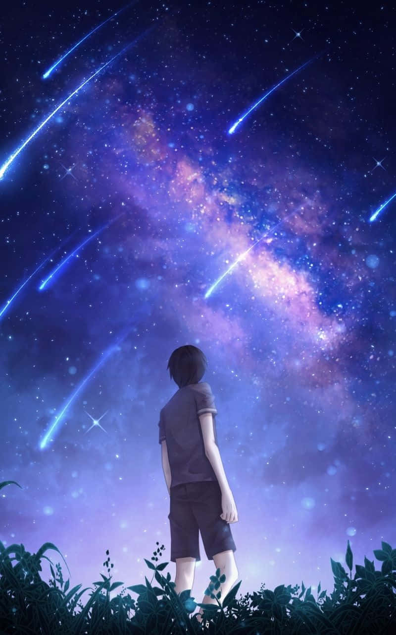 Jungeschaut Nachts Zum Anime-himmel Auf Wallpaper