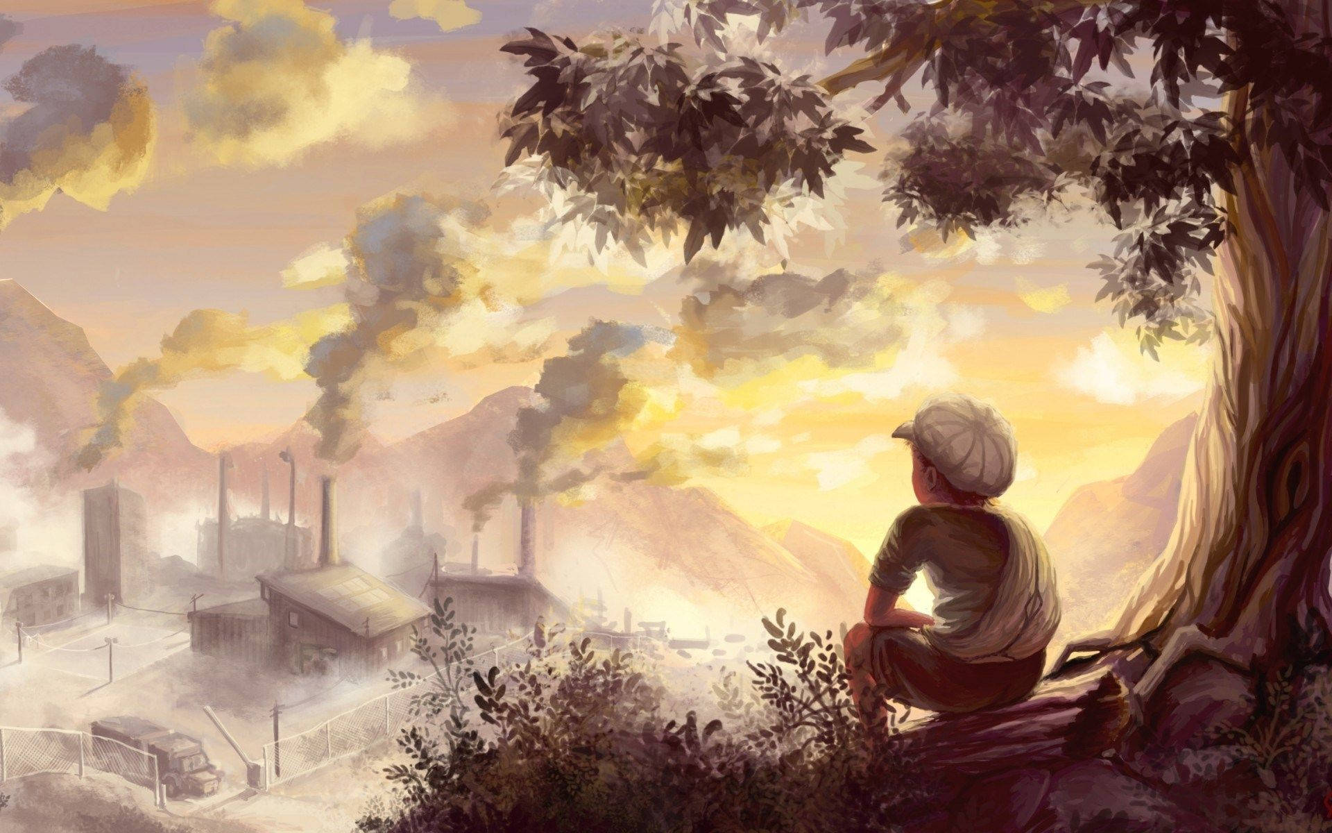Boy Overlooking Factories Art Drawing Background