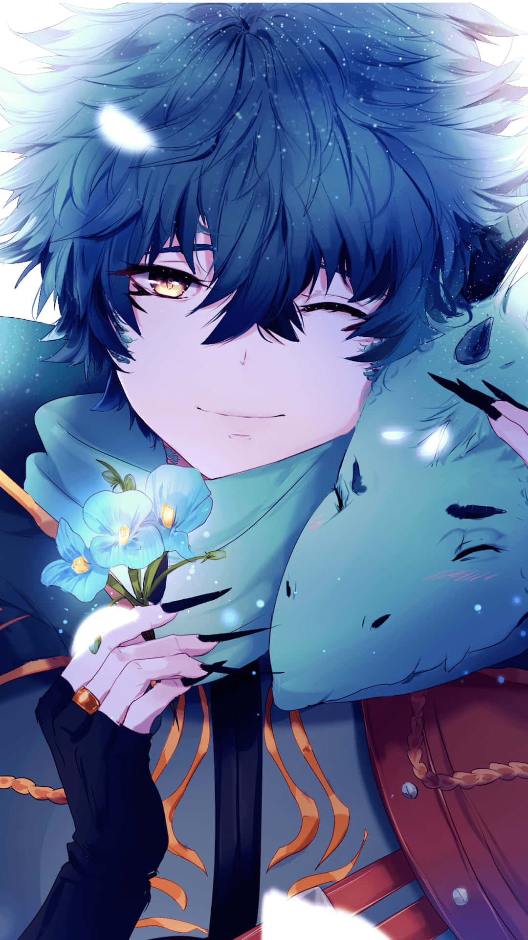 En dreng med blå hår, der holder et blomst Wallpaper