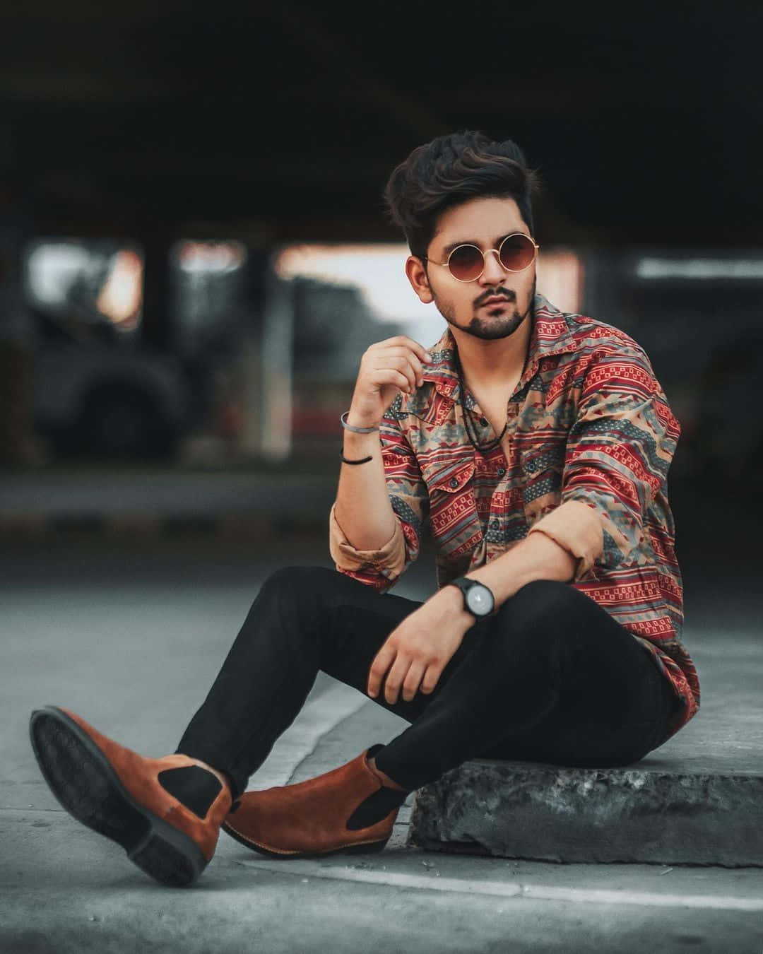 Vogue, Fashion, Style. Cheerful Young Indian Guy Wearing a Stylish Shirt  and Sunglasses Posing with Hand on Chin Stock Photo - Image of beard,  cheerful: 140697974