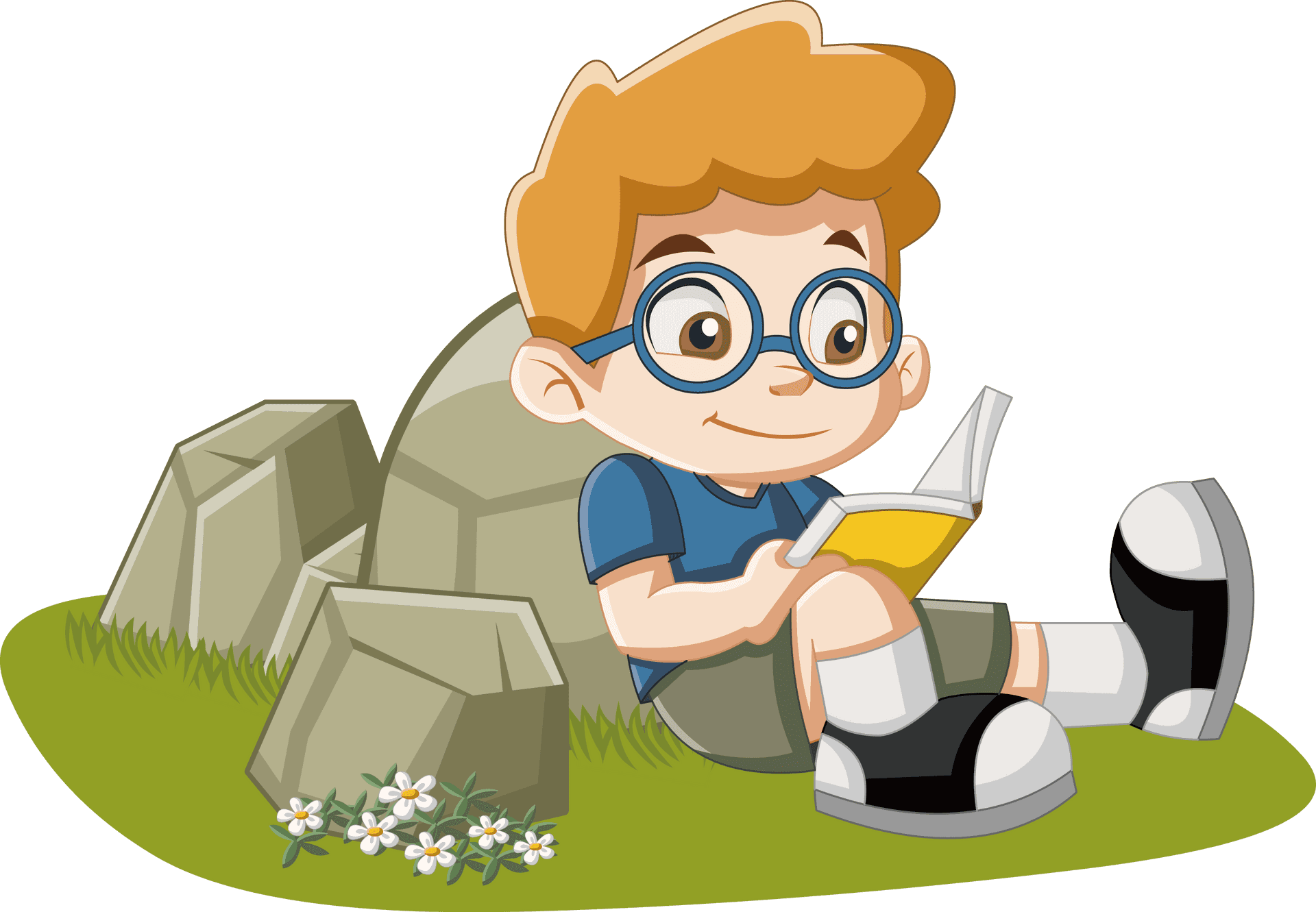 Boy Reading Book Outdoors PNG