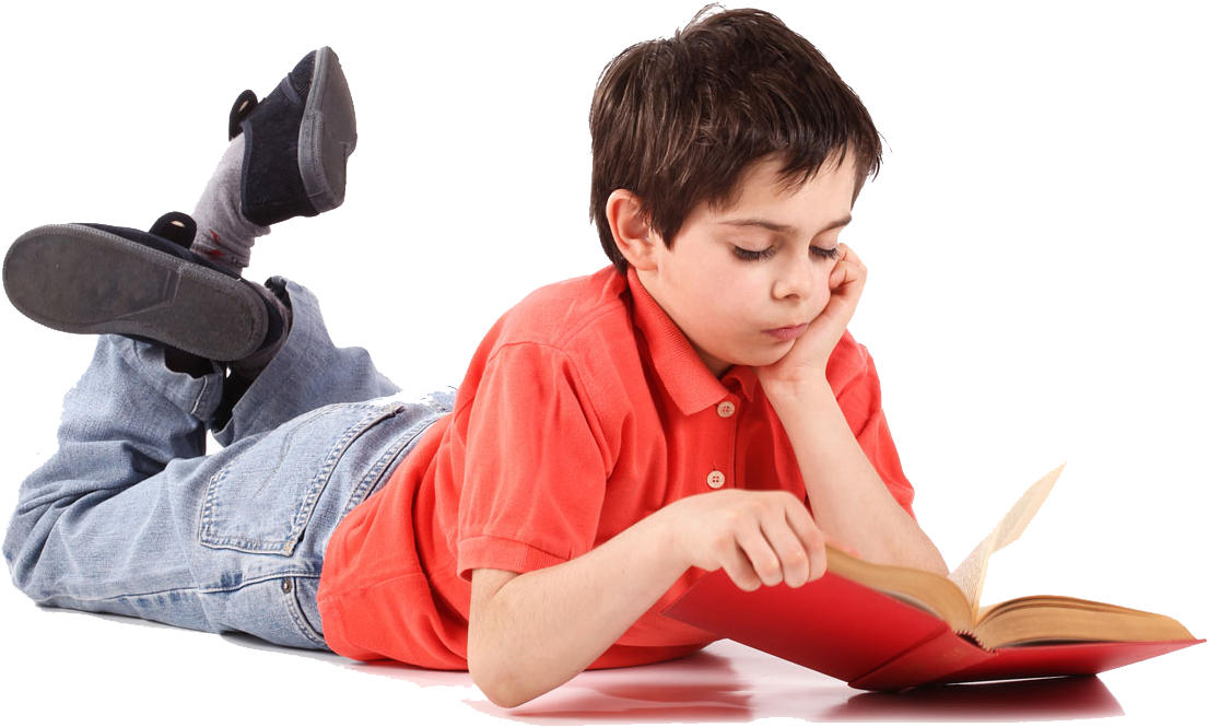 Boy Reading Book While Lying Down PNG