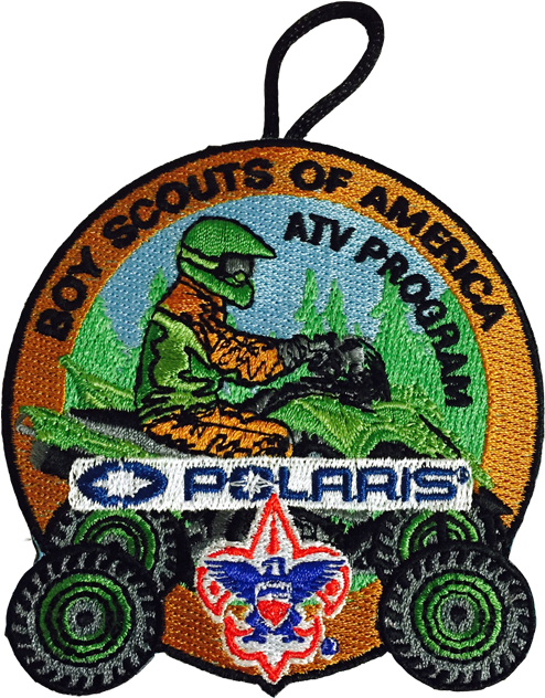Boy Scouts A T V Program Patch PNG — Embroidered Boy Scouts of America ATV program patch showing a scout riding a green Polaris ATV through forest.