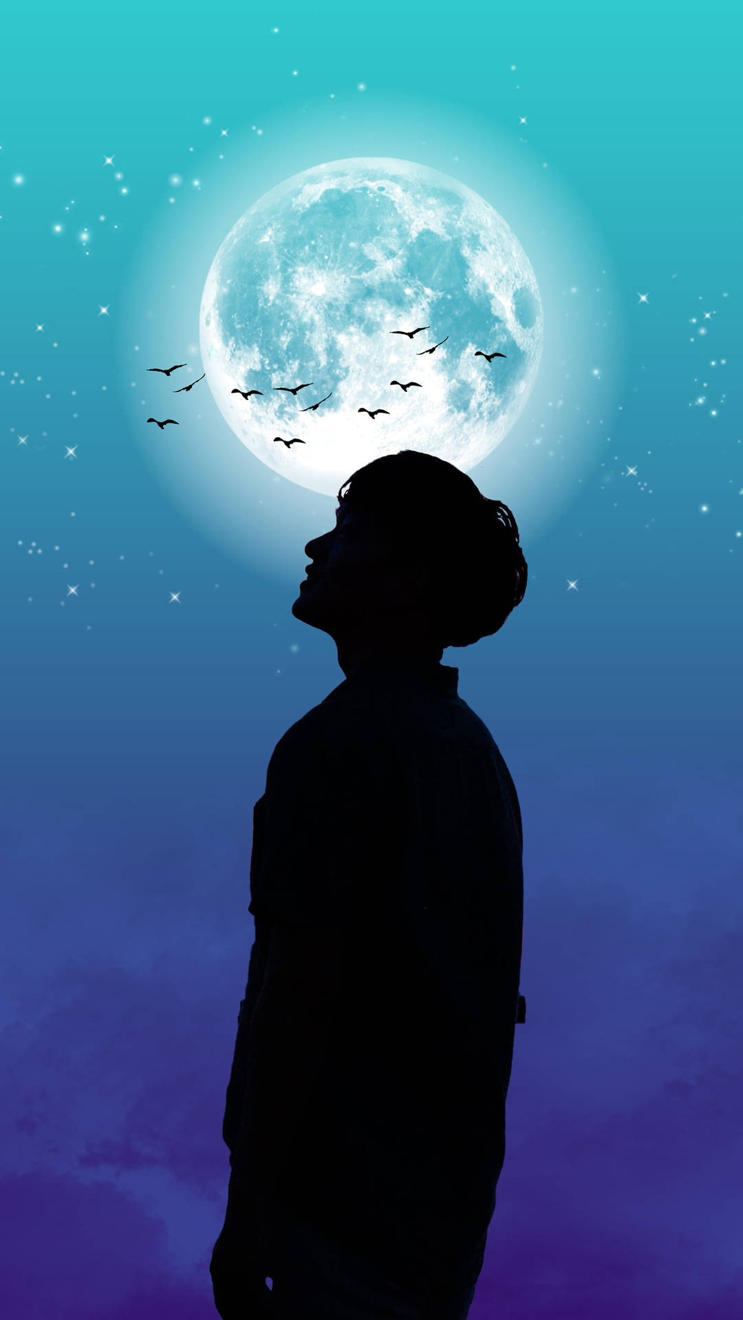 Boy Shadow Glowing Moon Wallpaper
