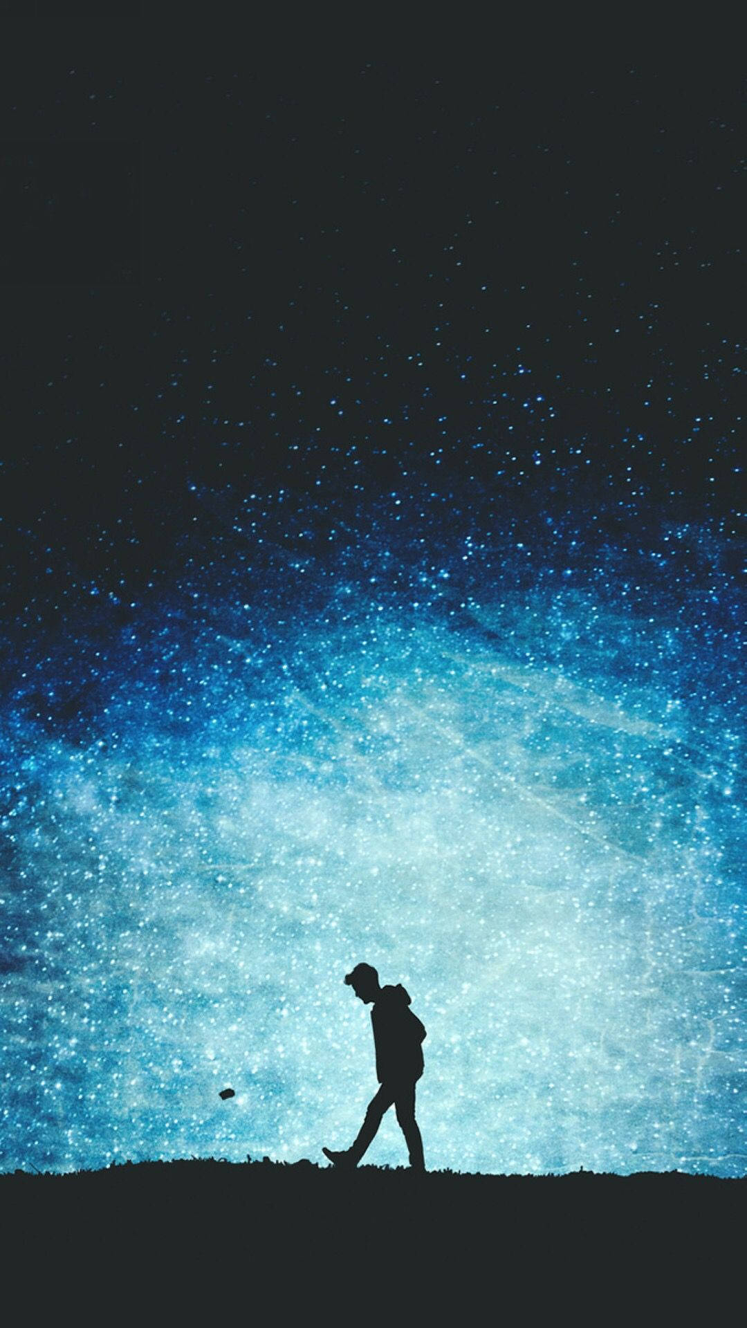 Boy Walking At Starry Sky