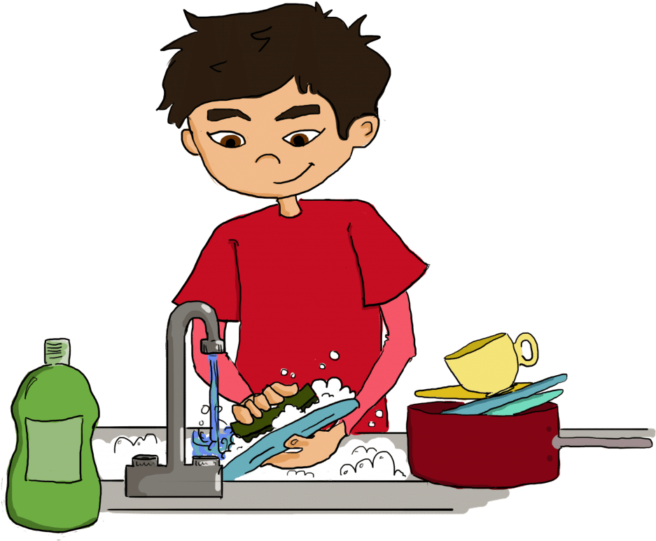 Boy Washing Dishes Cartoon PNG