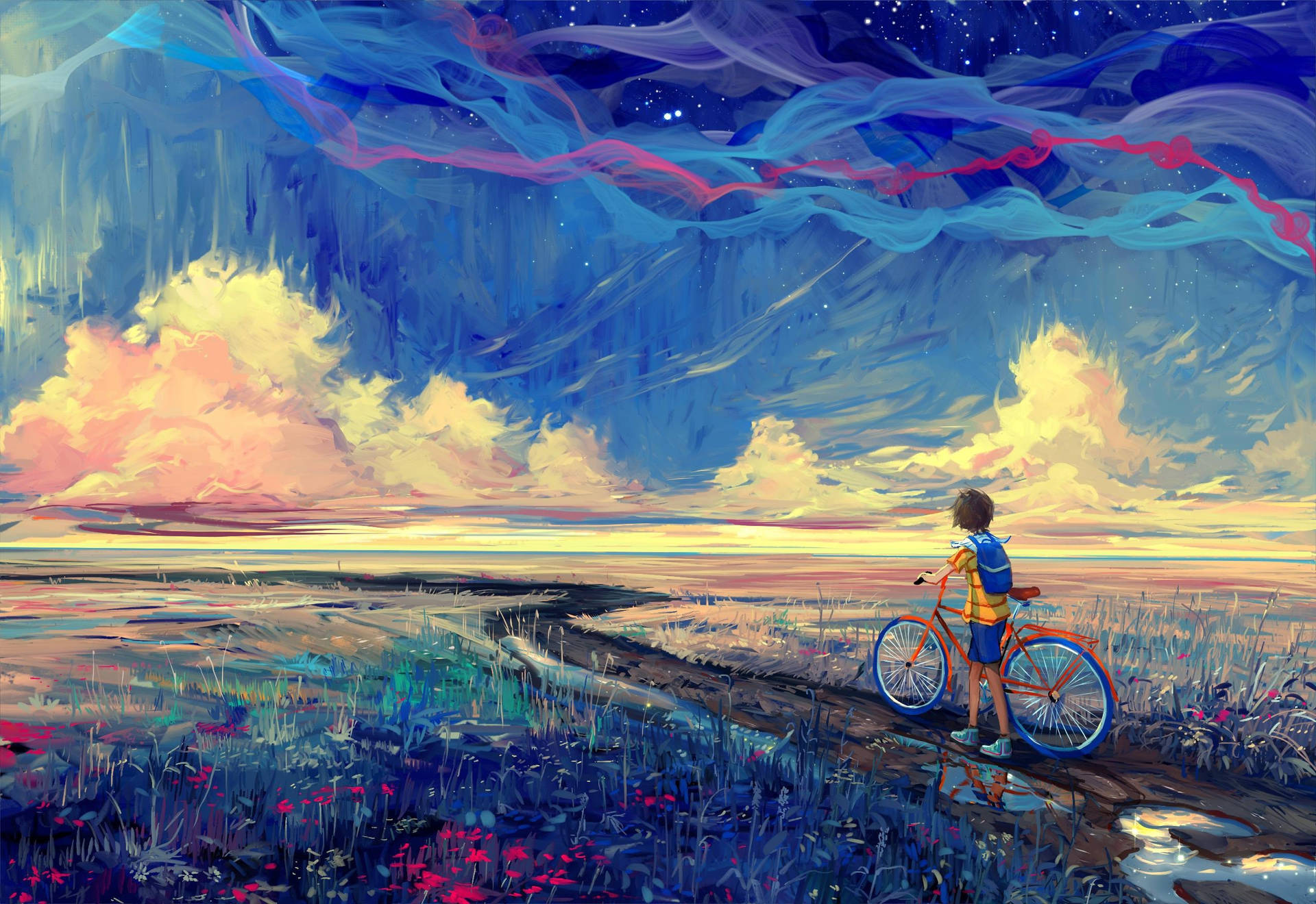 Boy With Bicycle Digital Paint Drawing Wallpaper