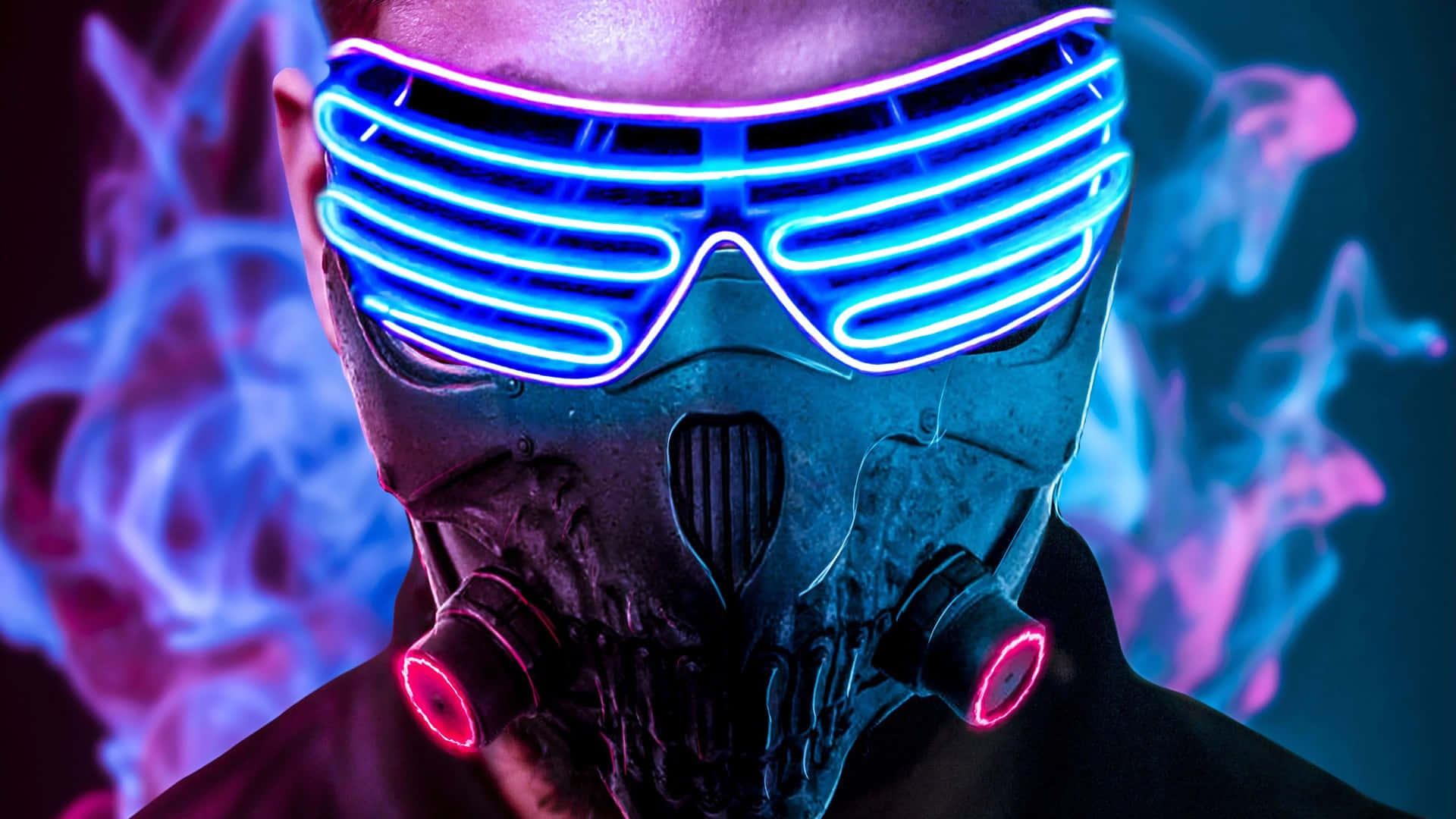 Umhomem Usando Uma Máscara Neon E Uma Máscara Azul Como Papel De Parede De Computador Ou Celular. Papel de Parede