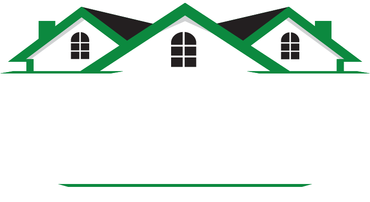 Boyum Construction Logo PNG — Three stylized green and white houses with arched windows and black roofs arranged in a row.